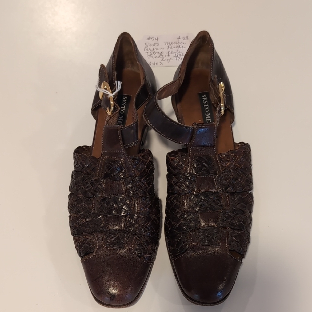 Sesto Meucci Vintage Brown Leather Strap Flats Made In Italy Size 7.5